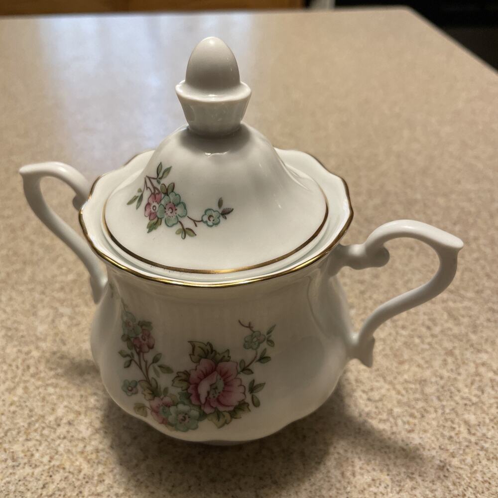 Walbrzych China Made In Poland 2 Handles Moss Rose Sugar Bowl With Lid . Nice